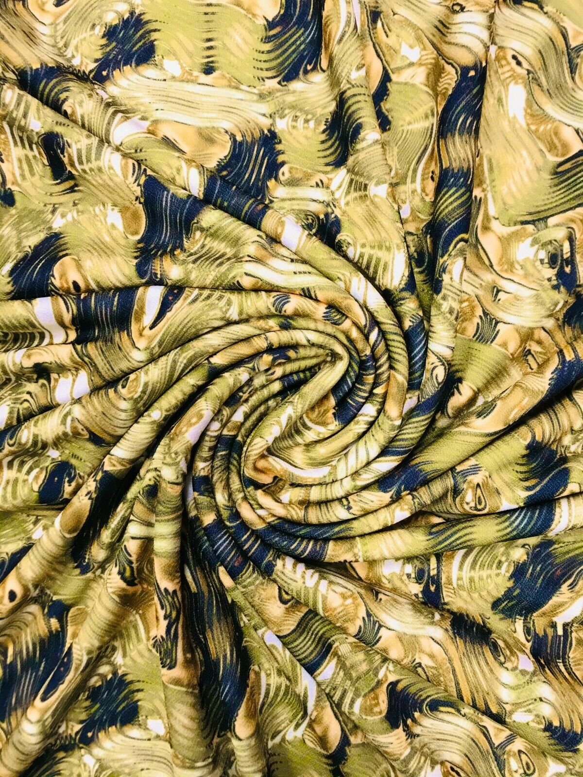 Green Gold Multi Print Lightweight Jersey Crepe Fabric 4 Way Stretch