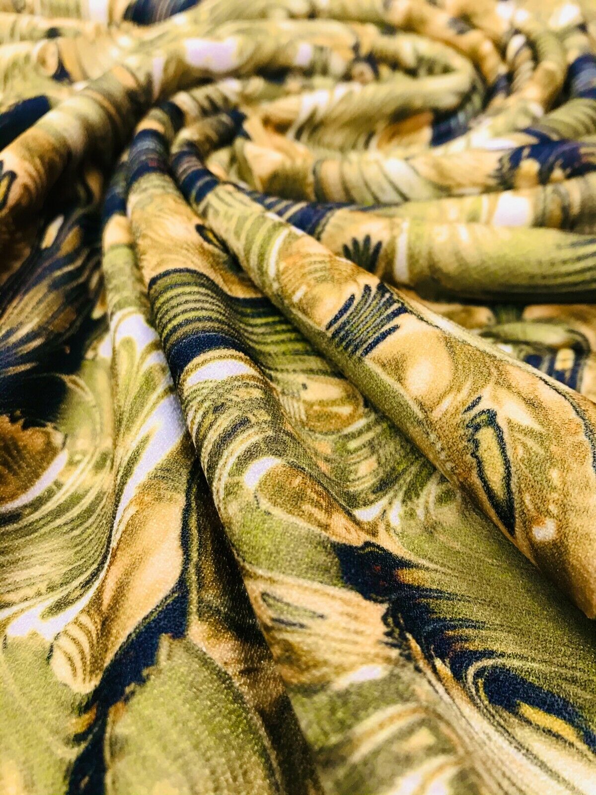 Green Gold Multi Print Lightweight Jersey Crepe Fabric 4 Way Stretch