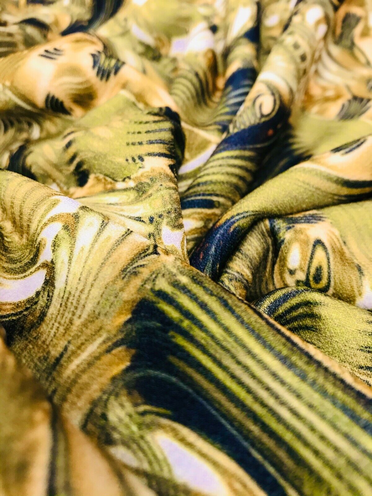Green Gold Multi Print Lightweight Jersey Crepe Fabric 4 Way Stretch