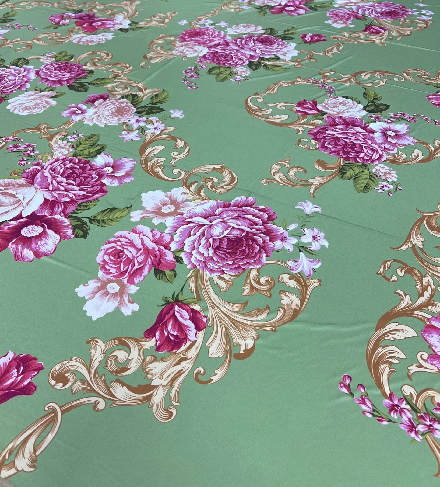 Green Gold Rose Print Soft Touch Stretch Fabric