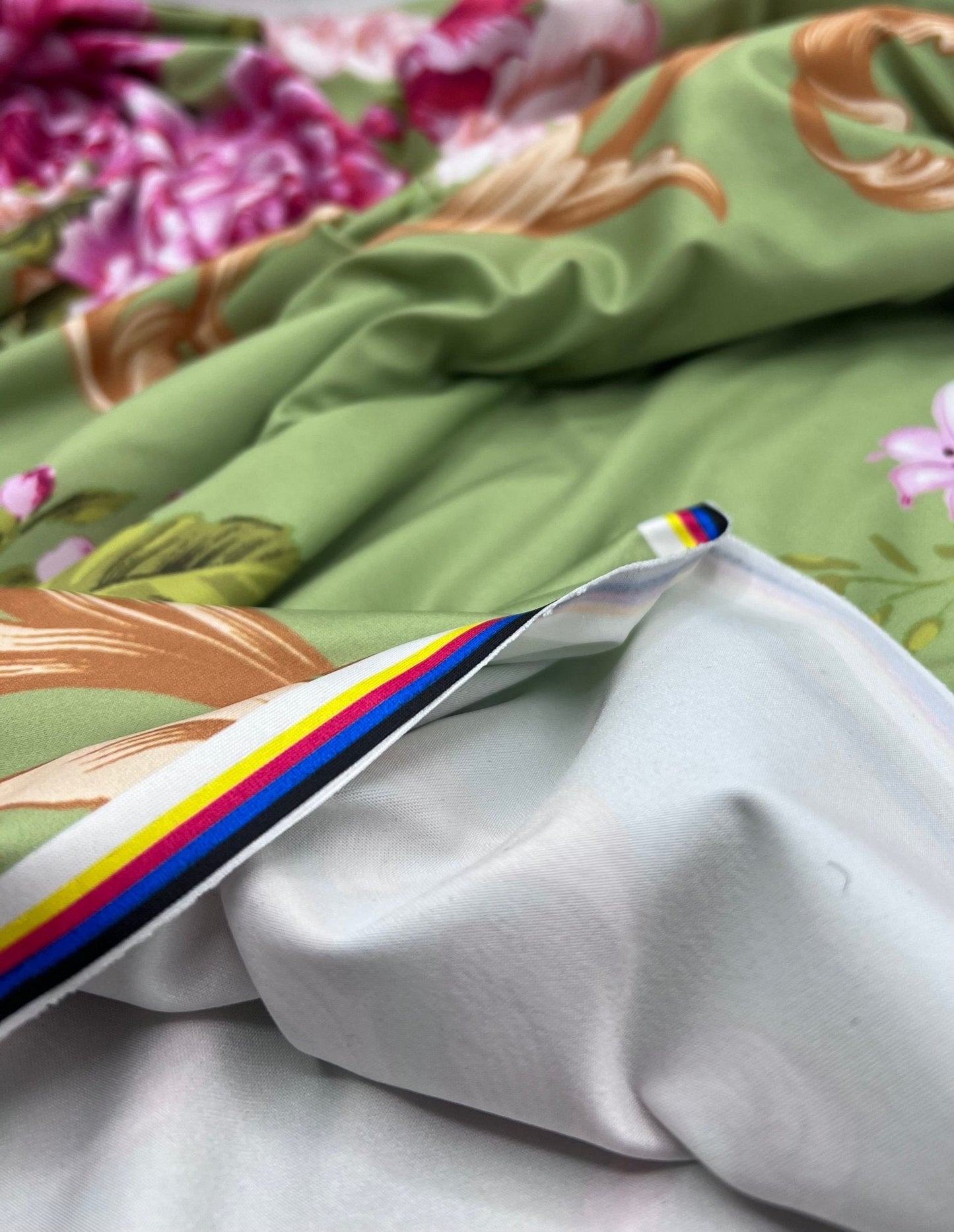 Green Gold Rose Print Soft Touch Stretch Fabric