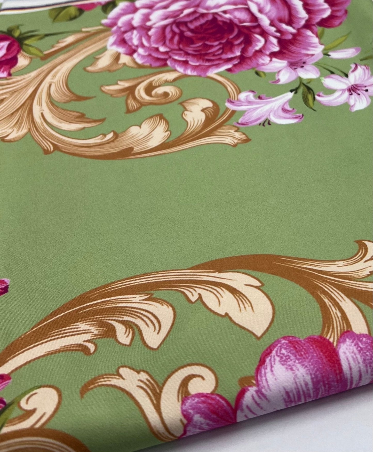 Green Gold Rose Print Soft Touch Stretch Fabric