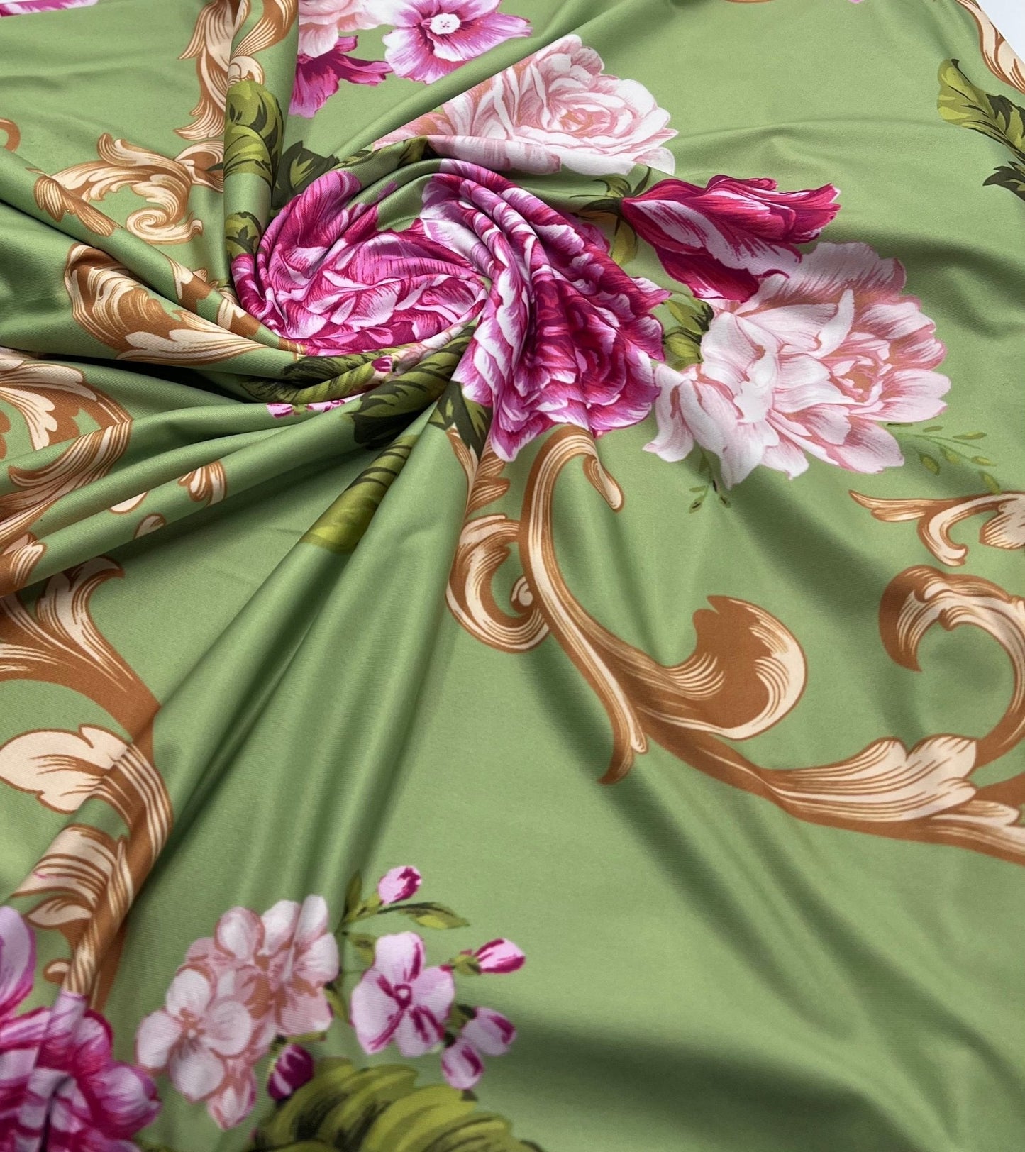 Green Gold Rose Print Soft Touch Stretch Fabric