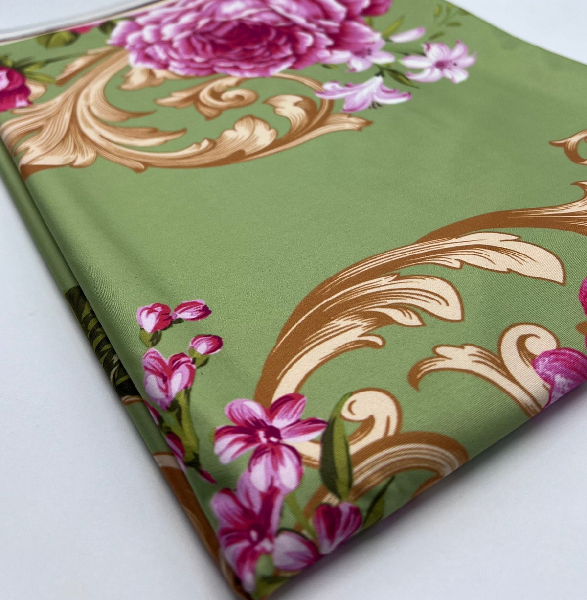 Green Gold Rose Print Soft Touch Stretch Fabric