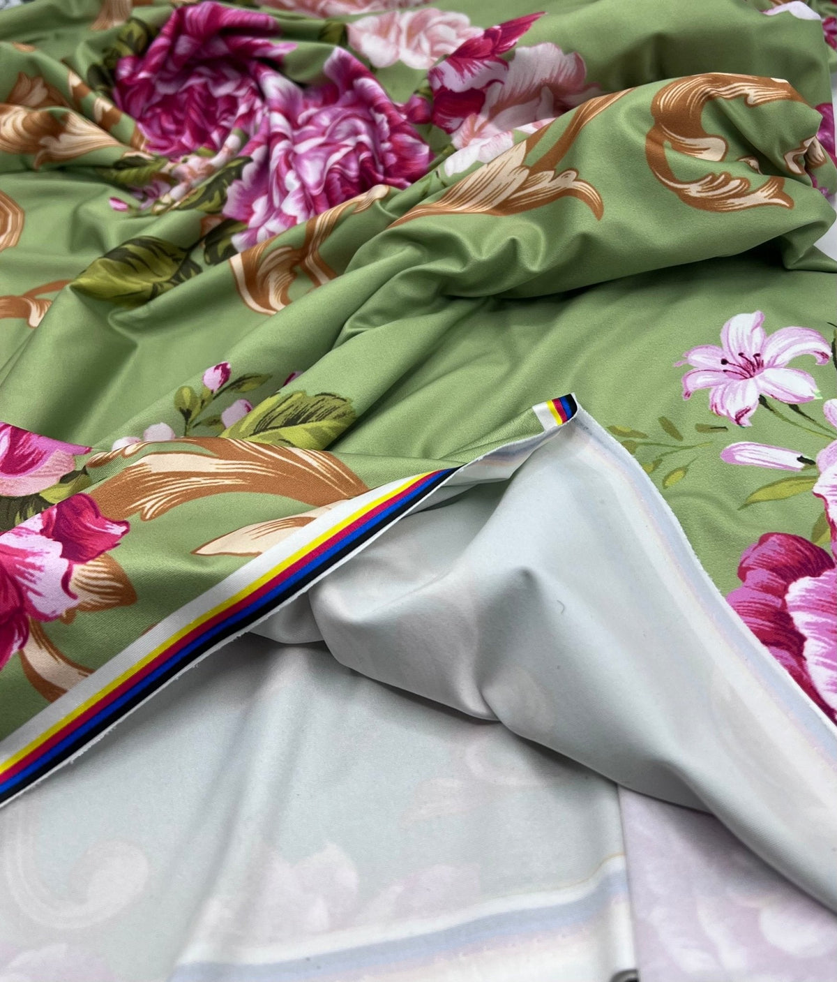 Green Gold Rose Print Soft Touch Stretch Fabric