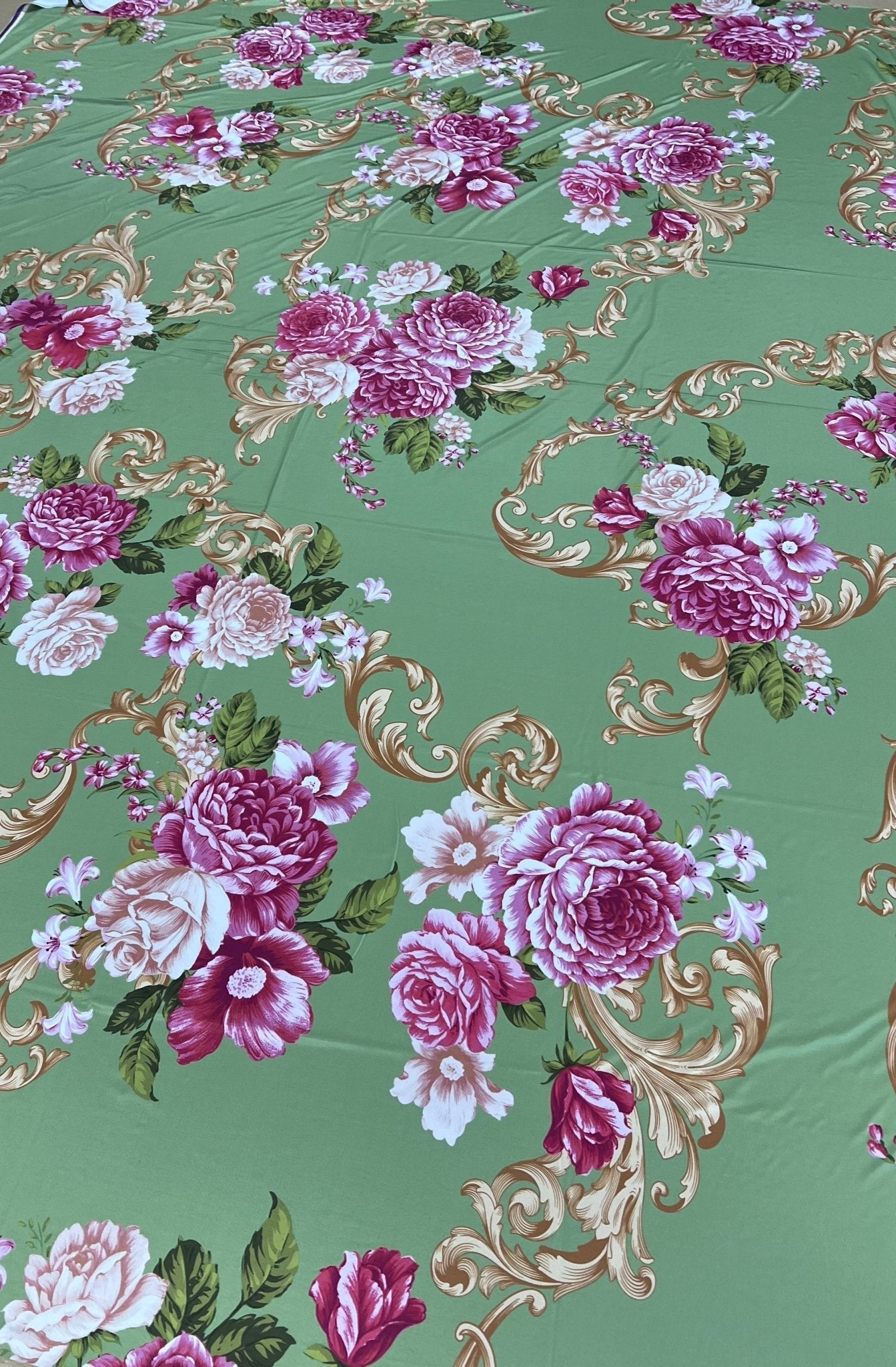 Green Gold Rose Print Soft Touch Stretch Fabric