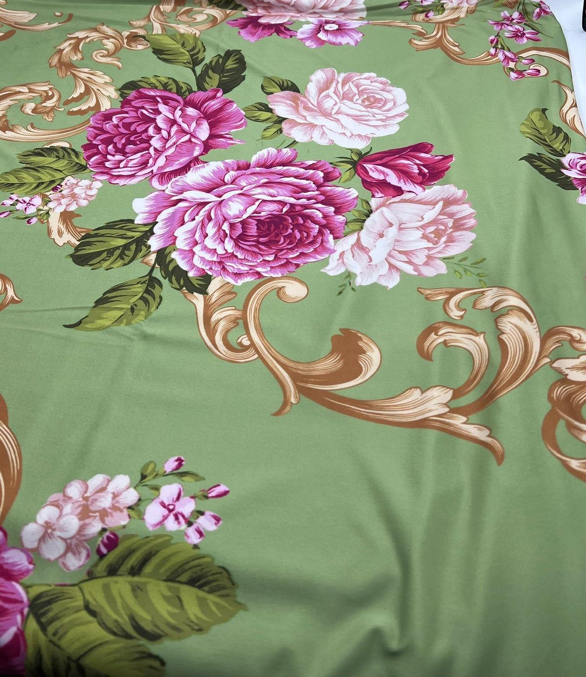 Green Gold Rose Print Soft Touch Stretch Fabric