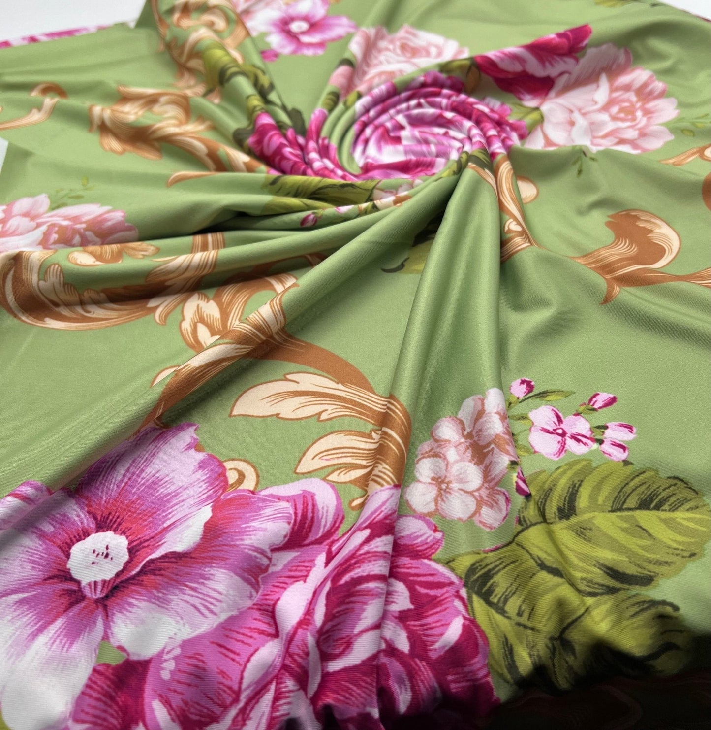 Green Gold Rose Print Soft Touch Stretch Fabric