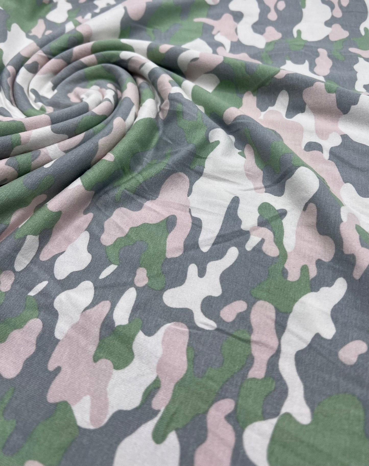 Green Grey Soft Pink Camo Print Viscose Elastane Fabric