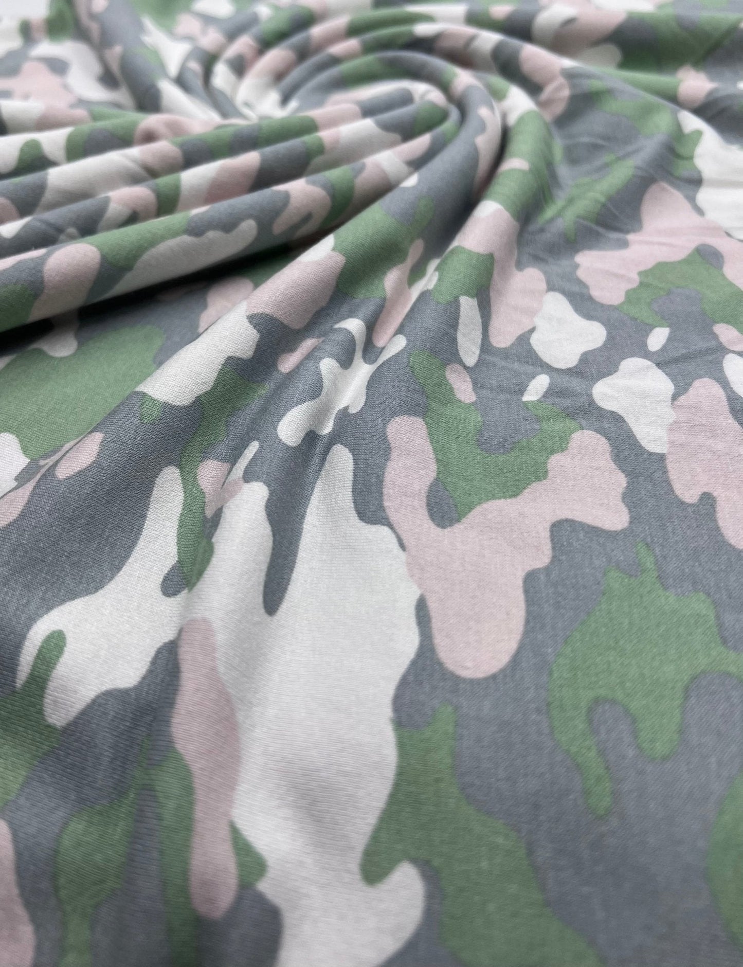Green Grey Soft Pink Camo Print Viscose Elastane Fabric