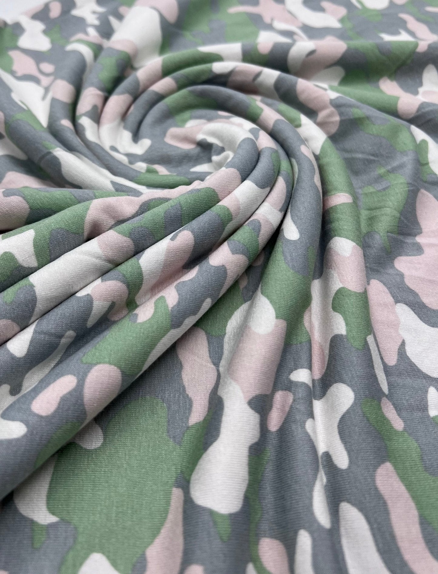 Green Grey Soft Pink Camo Print Viscose Elastane Fabric