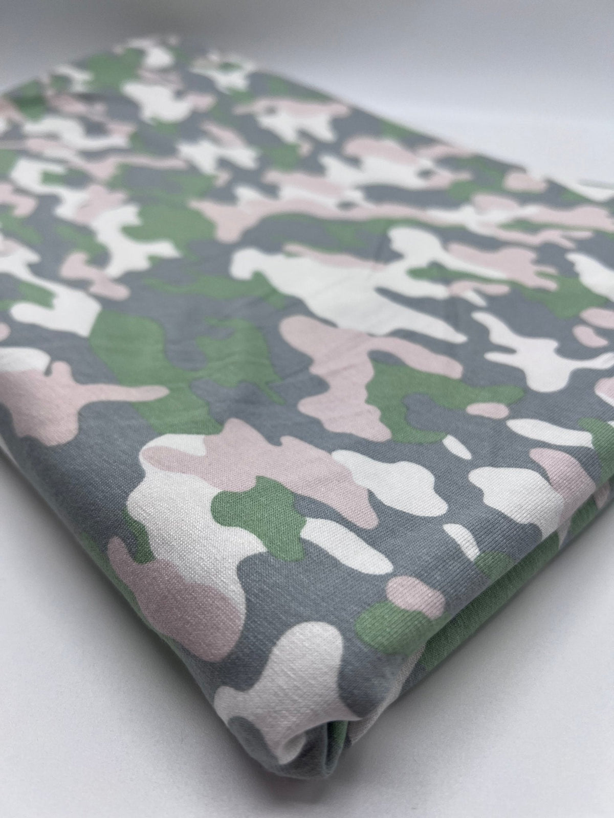 Green Grey Soft Pink Camo Print Viscose Elastane Fabric