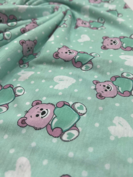 Green Heart Bear Spun Poly Stretch Fabric