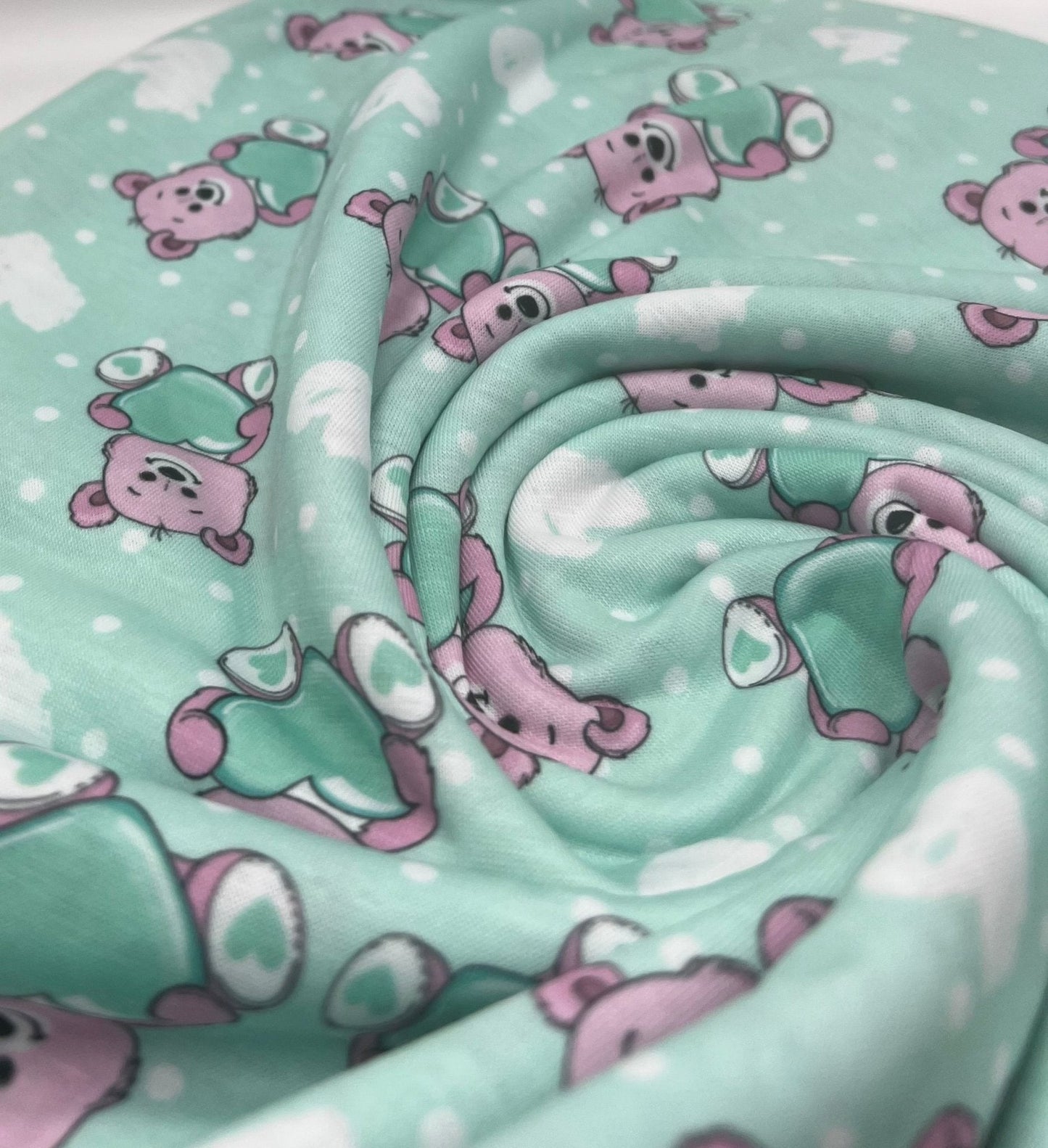 Green Heart Bear Spun Poly Stretch Fabric