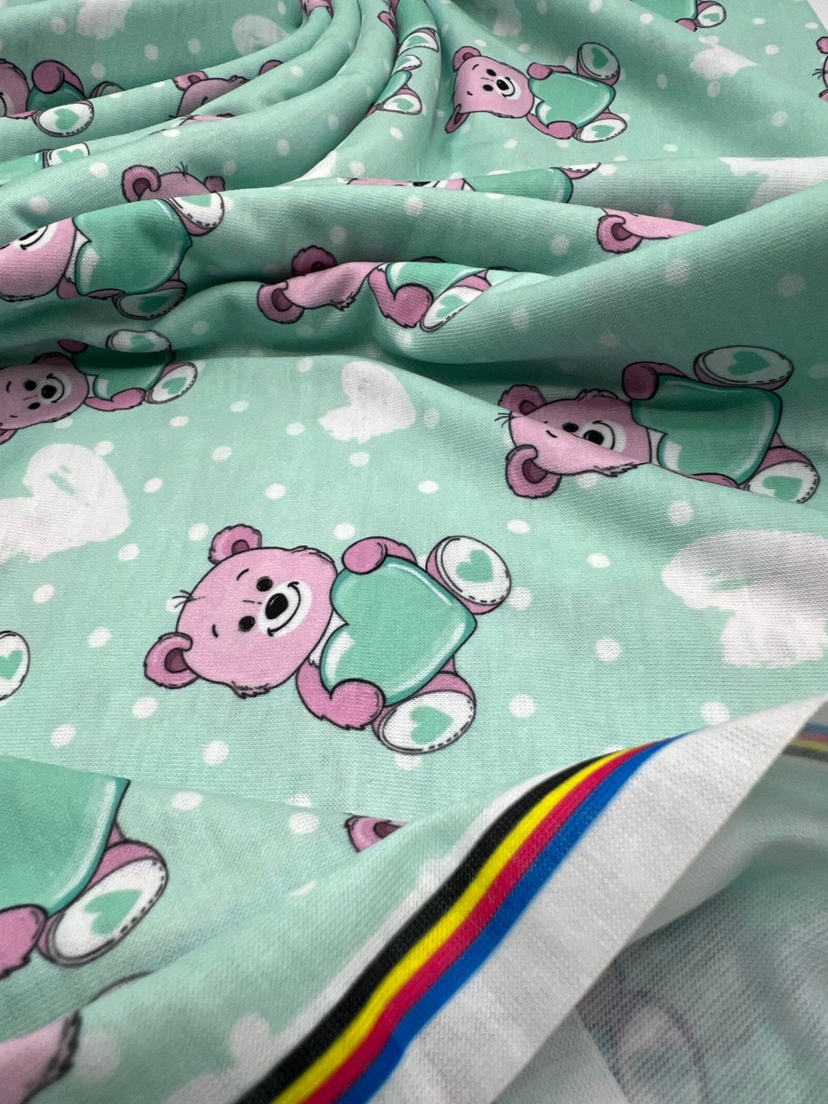 Green Heart Bear Spun Poly Stretch Fabric