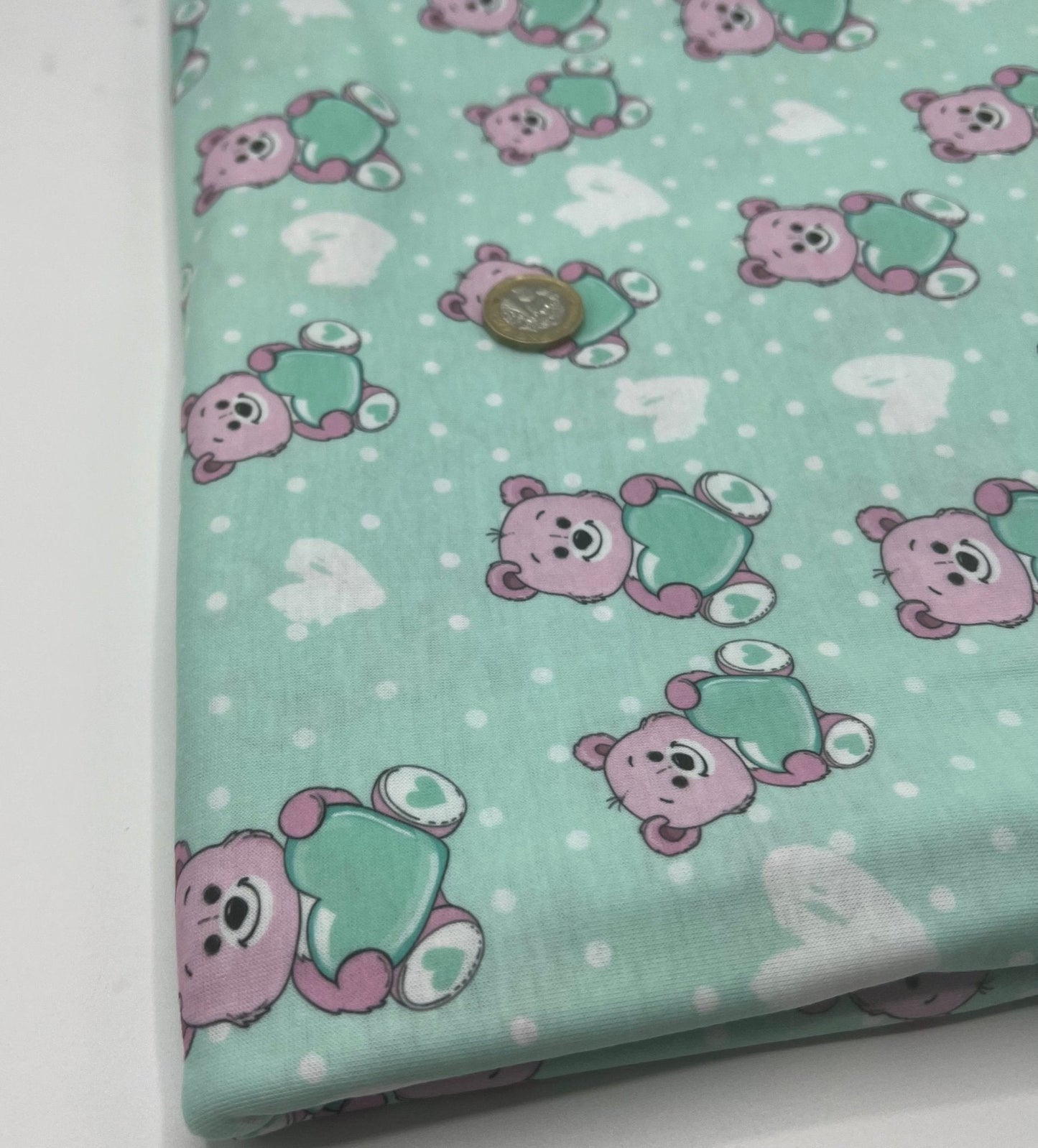 Green Heart Bear Spun Poly Stretch Fabric