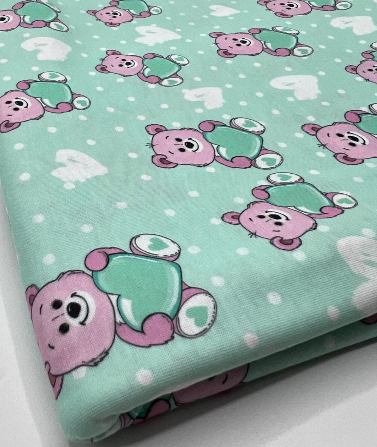Green Heart Bear Spun Poly Stretch Fabric