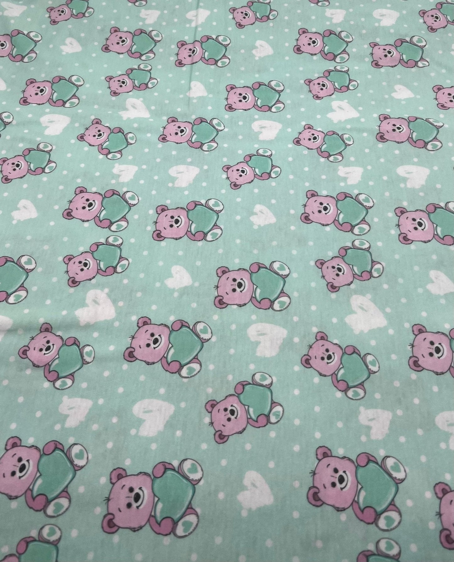 Green Heart Bear Spun Poly Stretch Fabric