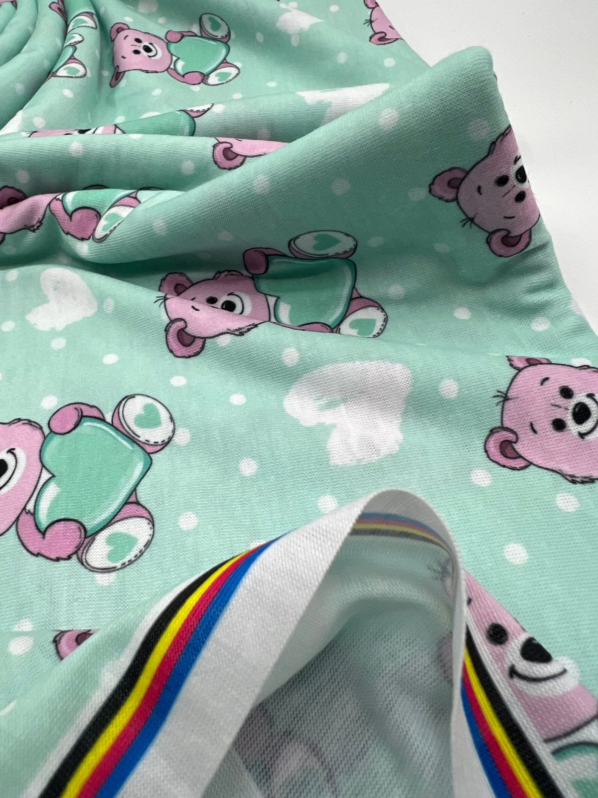 Green Heart Bear Spun Poly Stretch Fabric