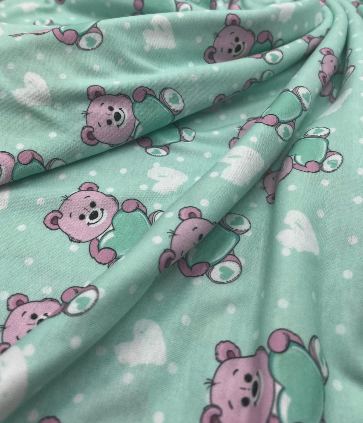 Green Heart Bear Spun Poly Stretch Fabric