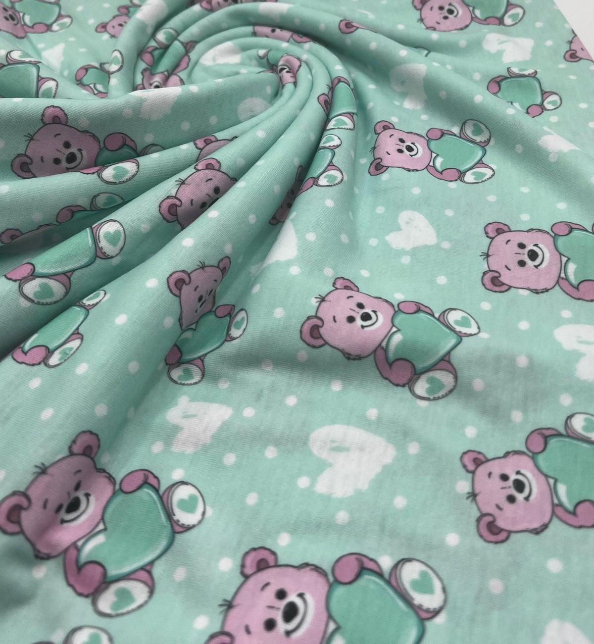 Green Heart Bear Spun Poly Stretch Fabric