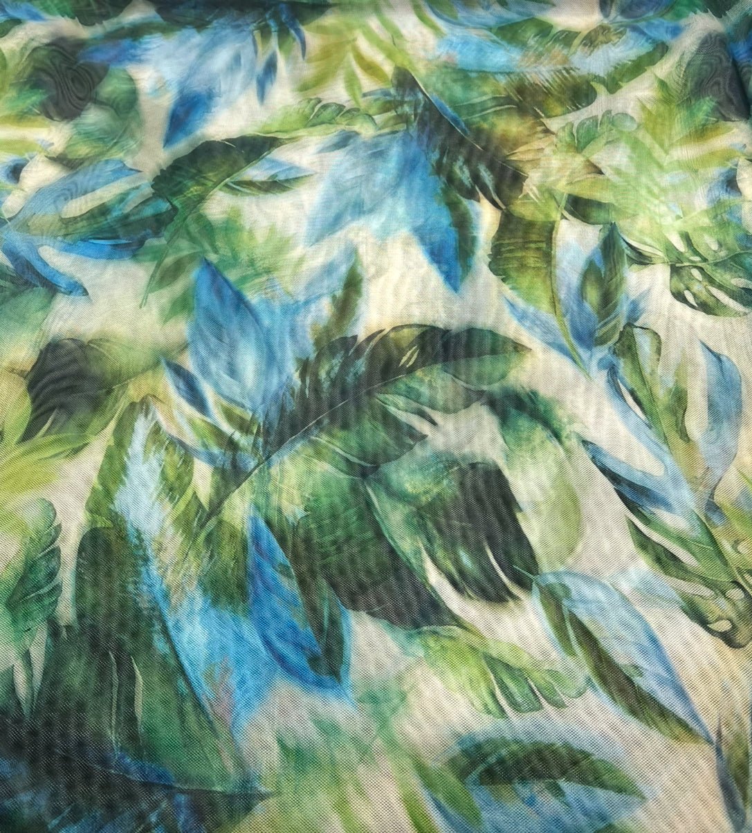 Green Jungle Leaf Print Mesh Fabric Stretch