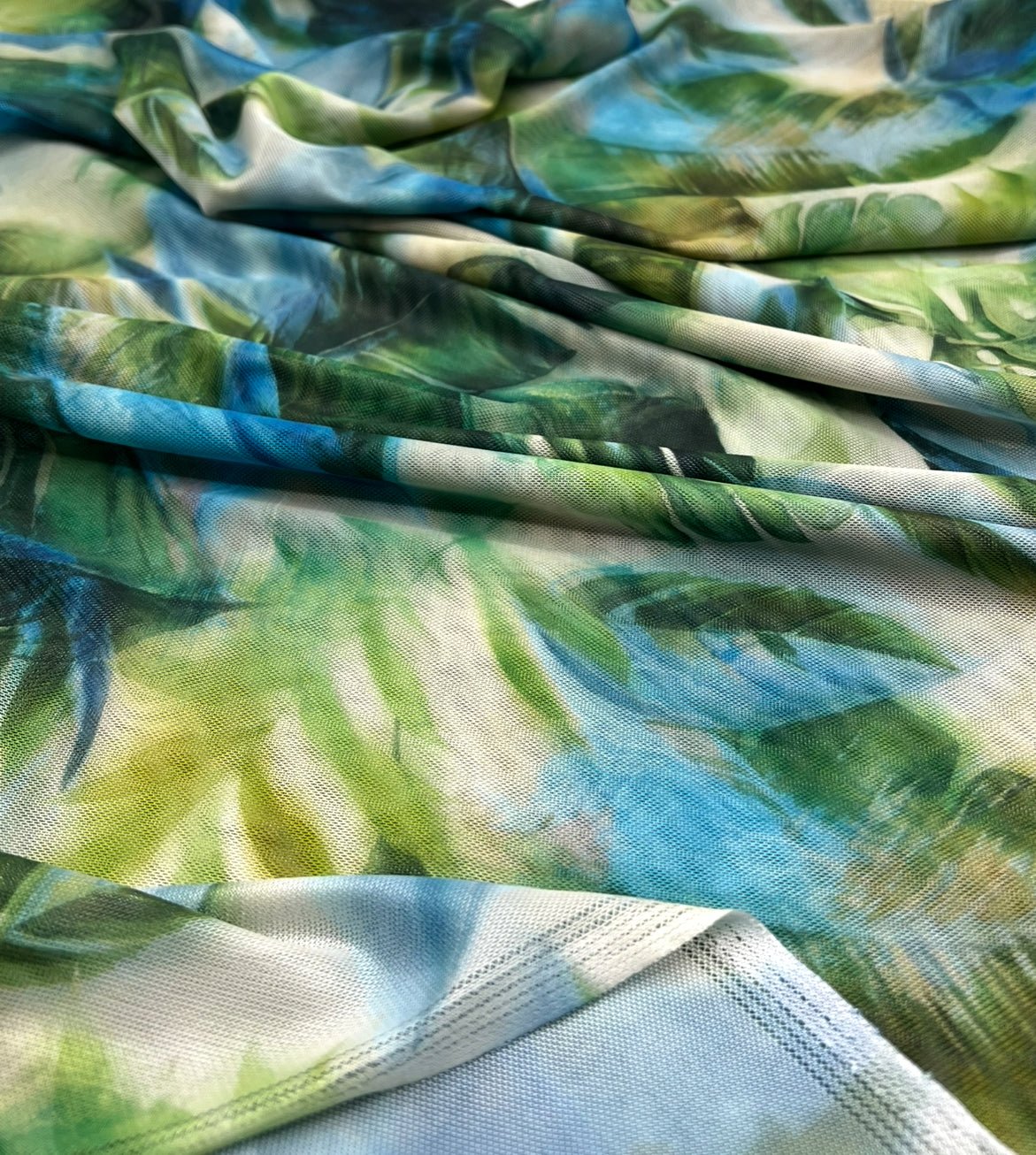 Green Jungle Leaf Print Mesh Fabric Stretch