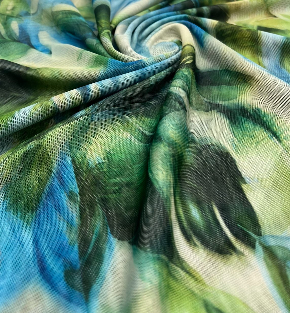 Green Jungle Leaf Print Mesh Fabric Stretch
