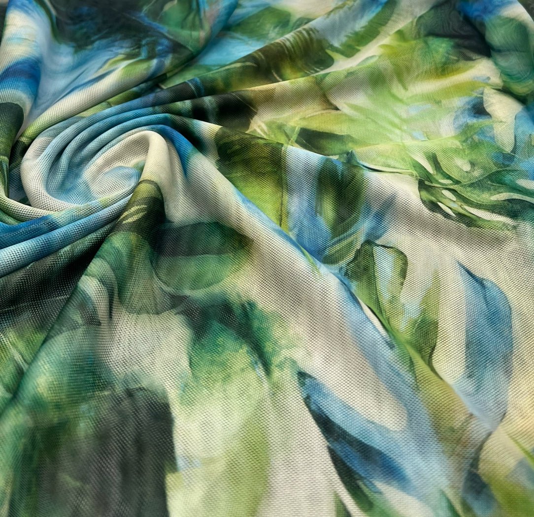 Green Jungle Leaf Print Mesh Fabric Stretch
