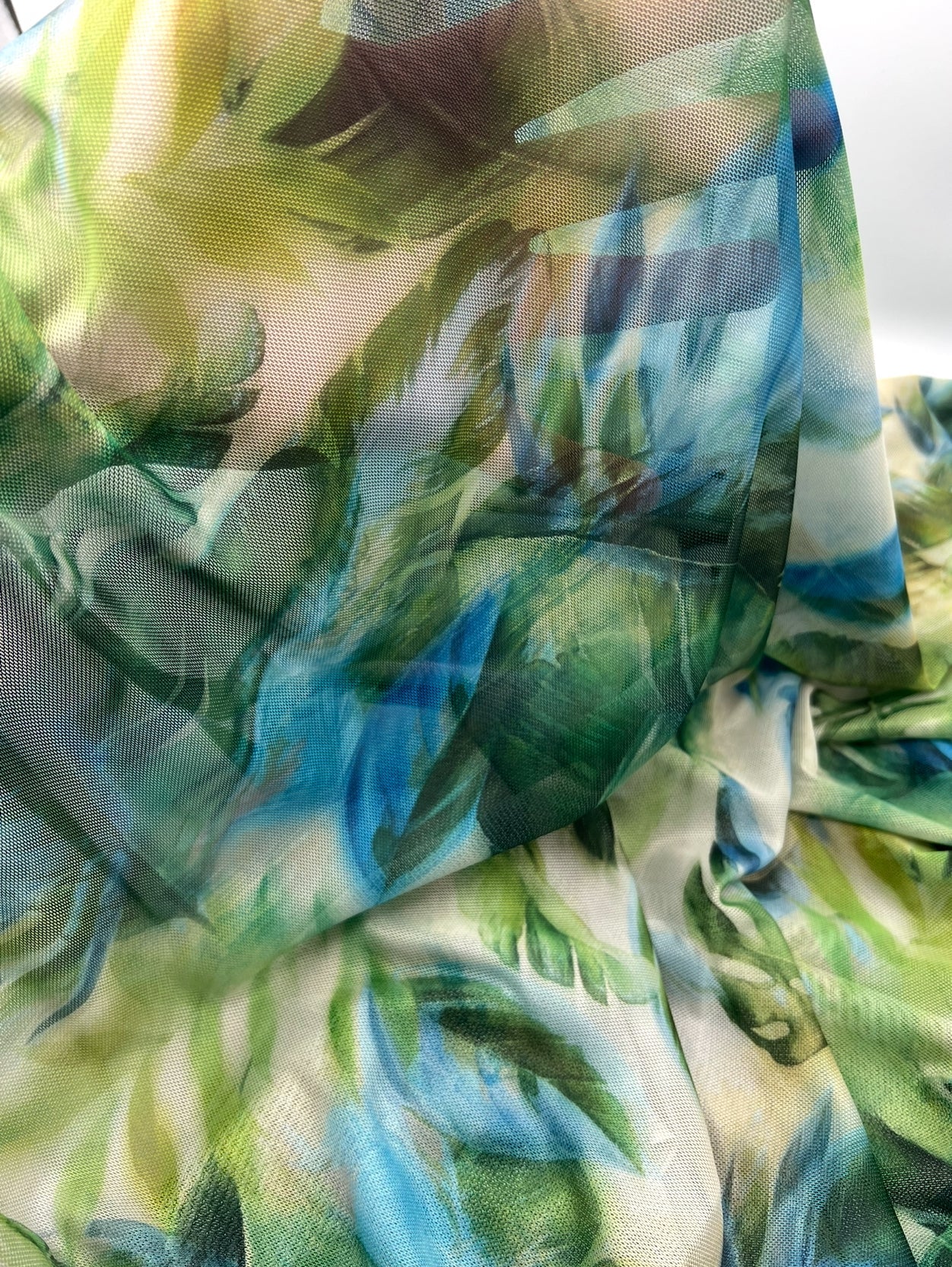 Green Jungle Leaf Print Mesh Fabric Stretch