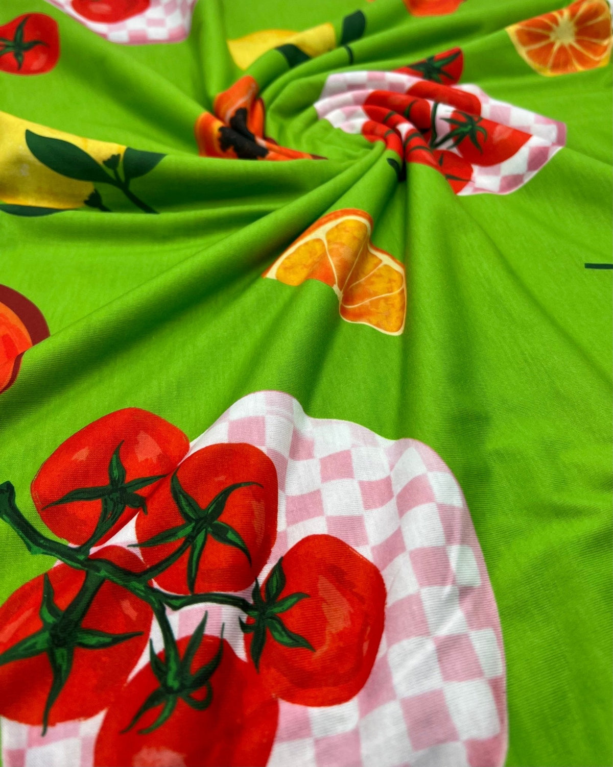 Green Large Fruit Print Spun Poly Stretch Fabric