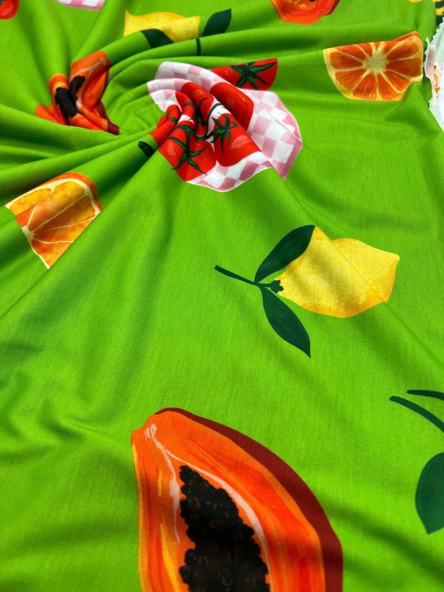 Green Large Fruit Print Spun Poly Stretch Fabric
