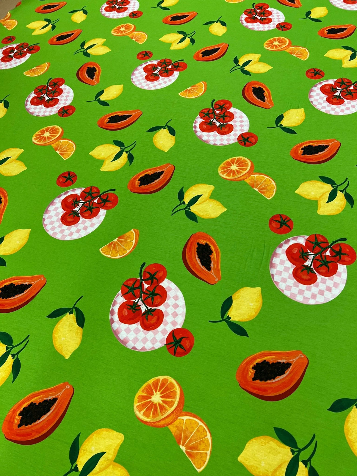 Green Large Fruit Print Spun Poly Stretch Fabric