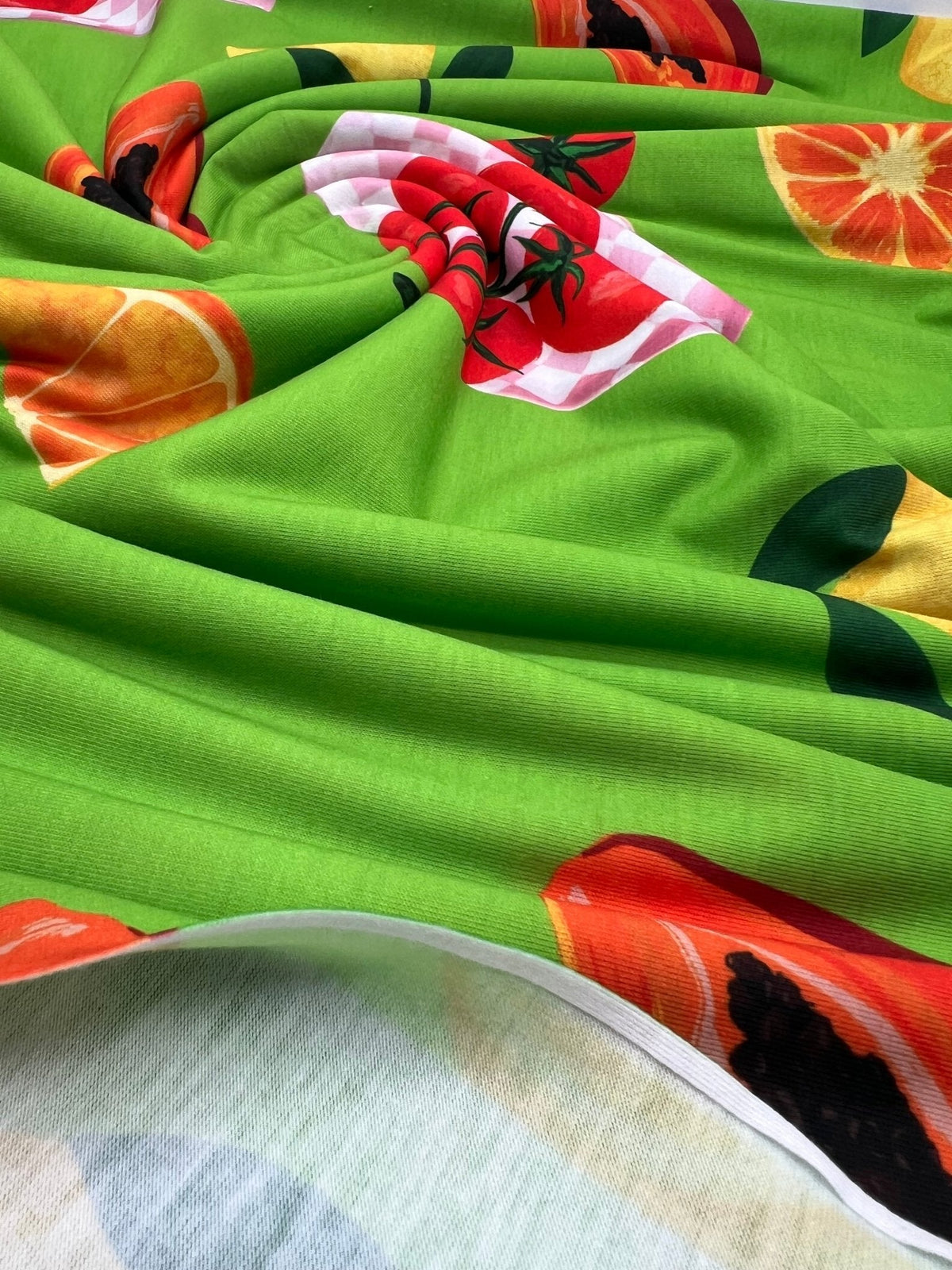 Green Large Fruit Print Spun Poly Stretch Fabric