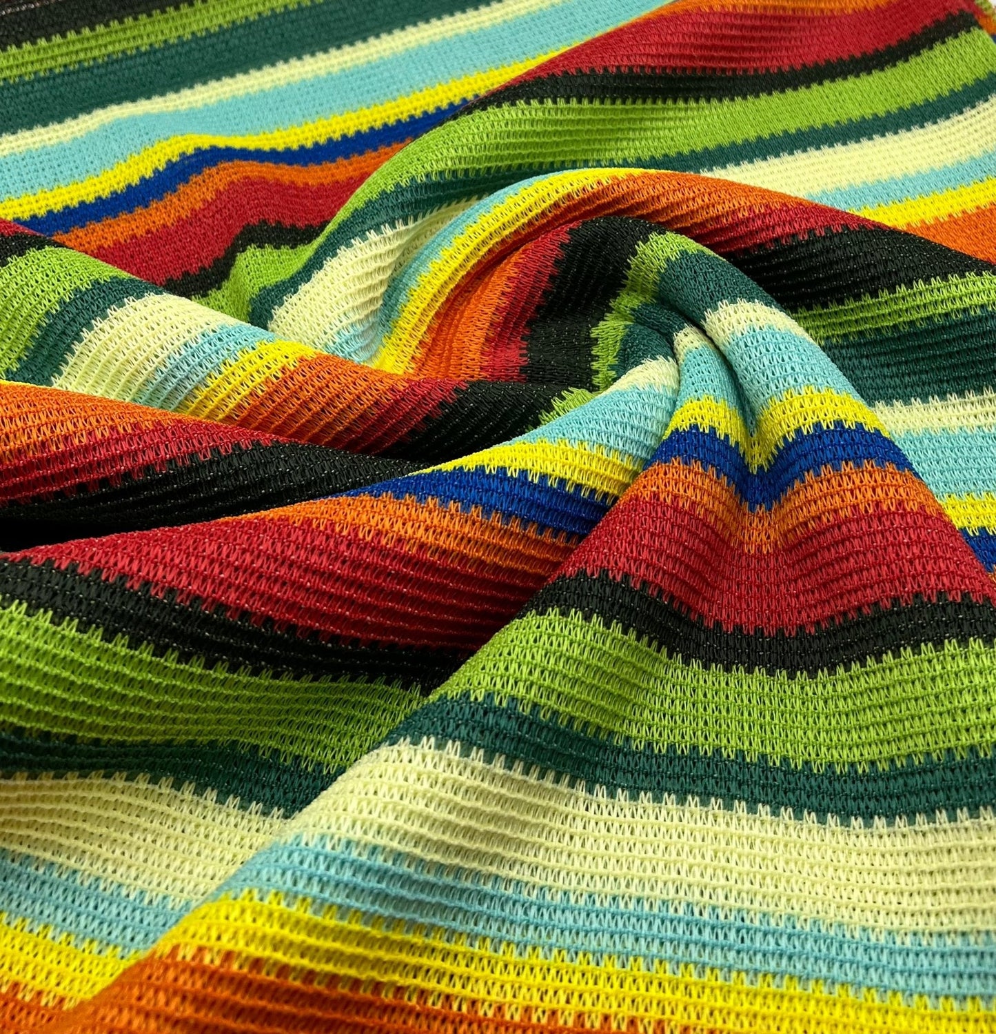 Green Multi Stripe Textured Knitted 2 Way Stretch Fabric