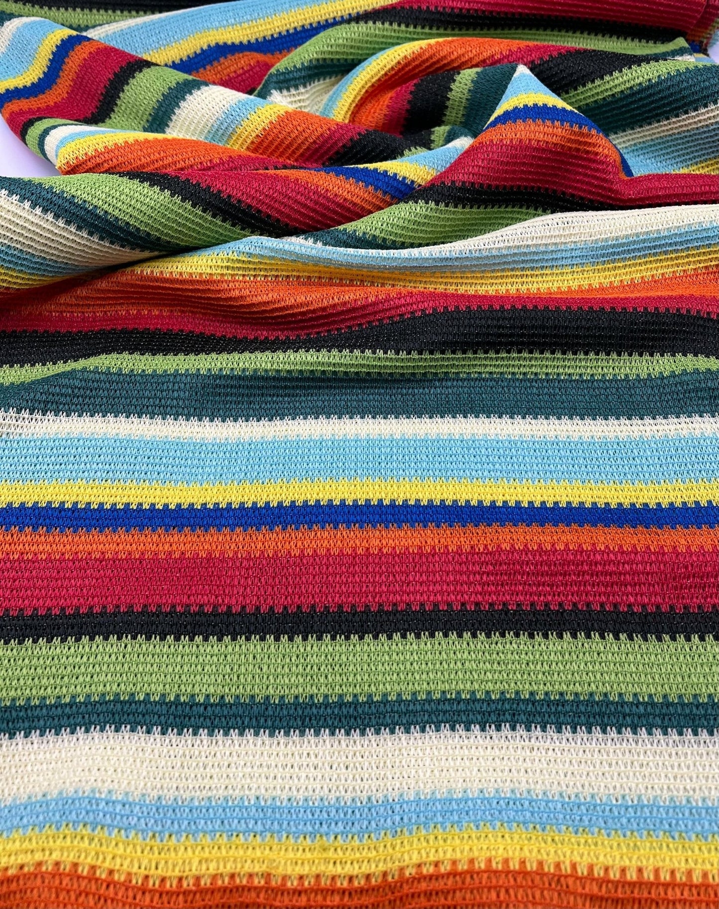 Green Multi Stripe Textured Knitted 2 Way Stretch Fabric