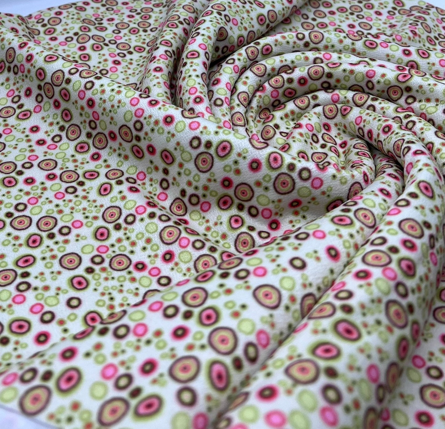 Green & Pink Small Circles Print Lightweight Jersey Crepe Fabric 4 Way Stretch