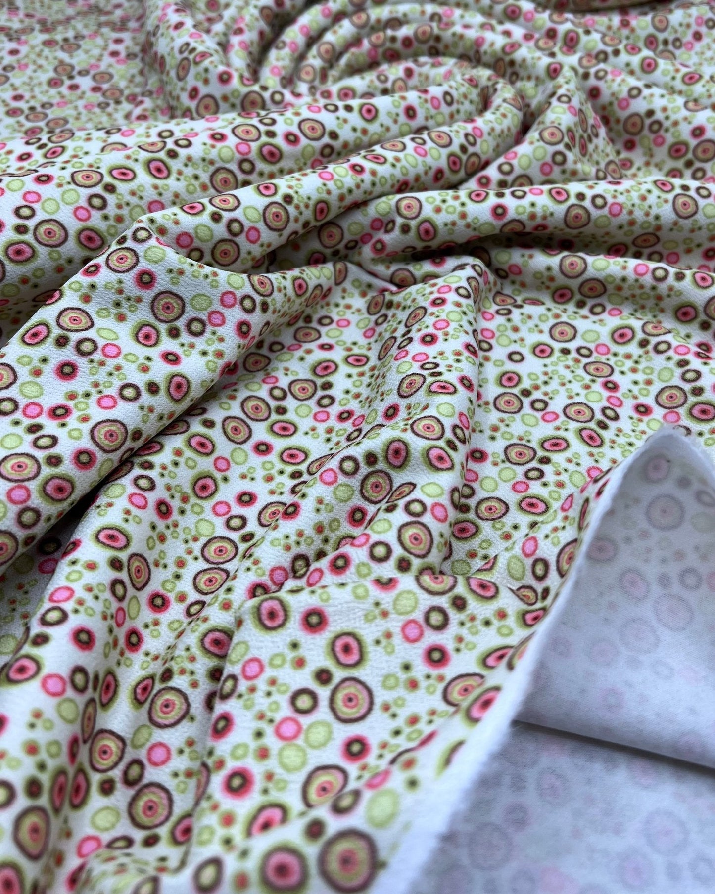 Green & Pink Small Circles Print Lightweight Jersey Crepe Fabric 4 Way Stretch