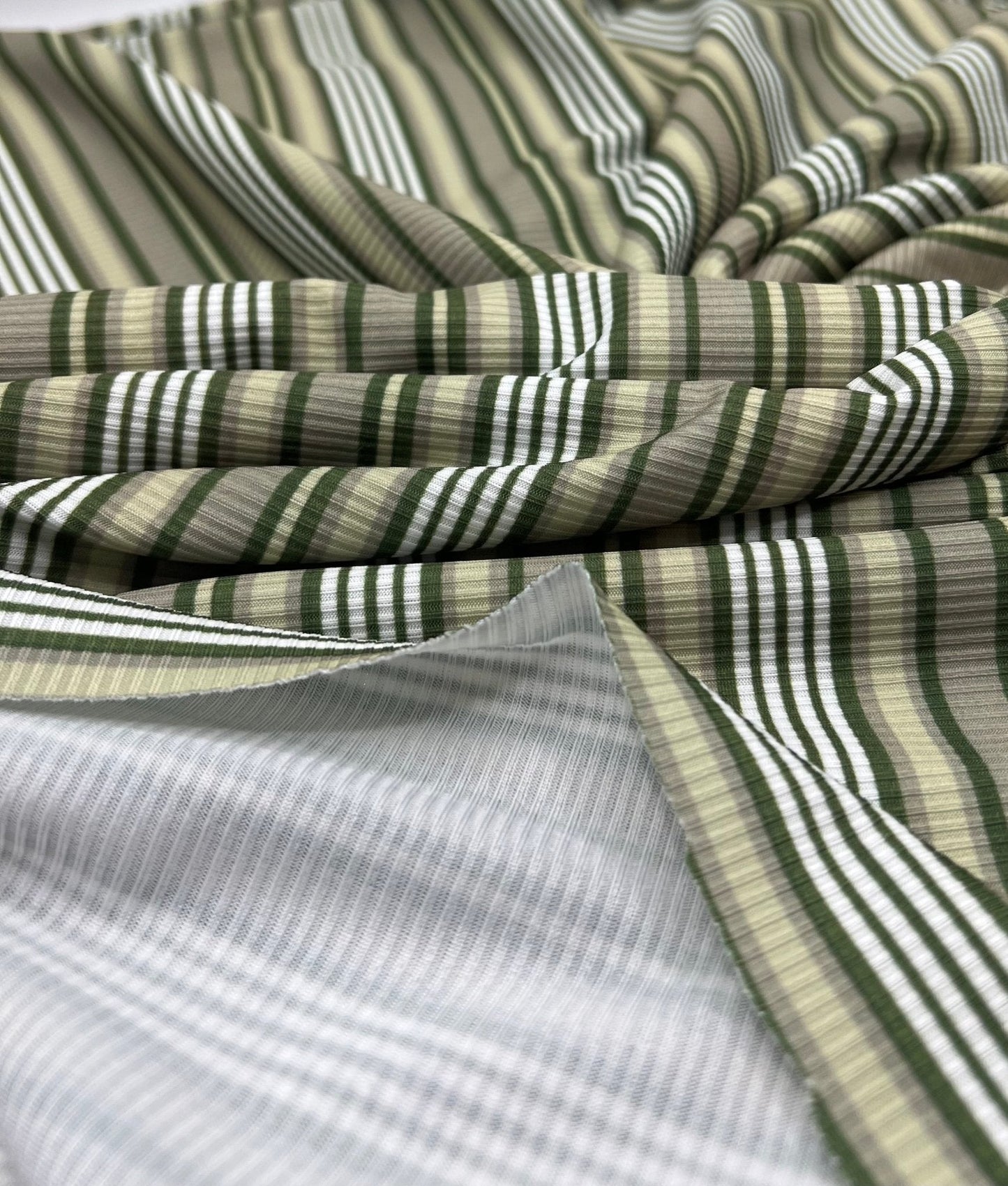 Green Stripe Print 2X1 Fine Rib Stretch Fabric