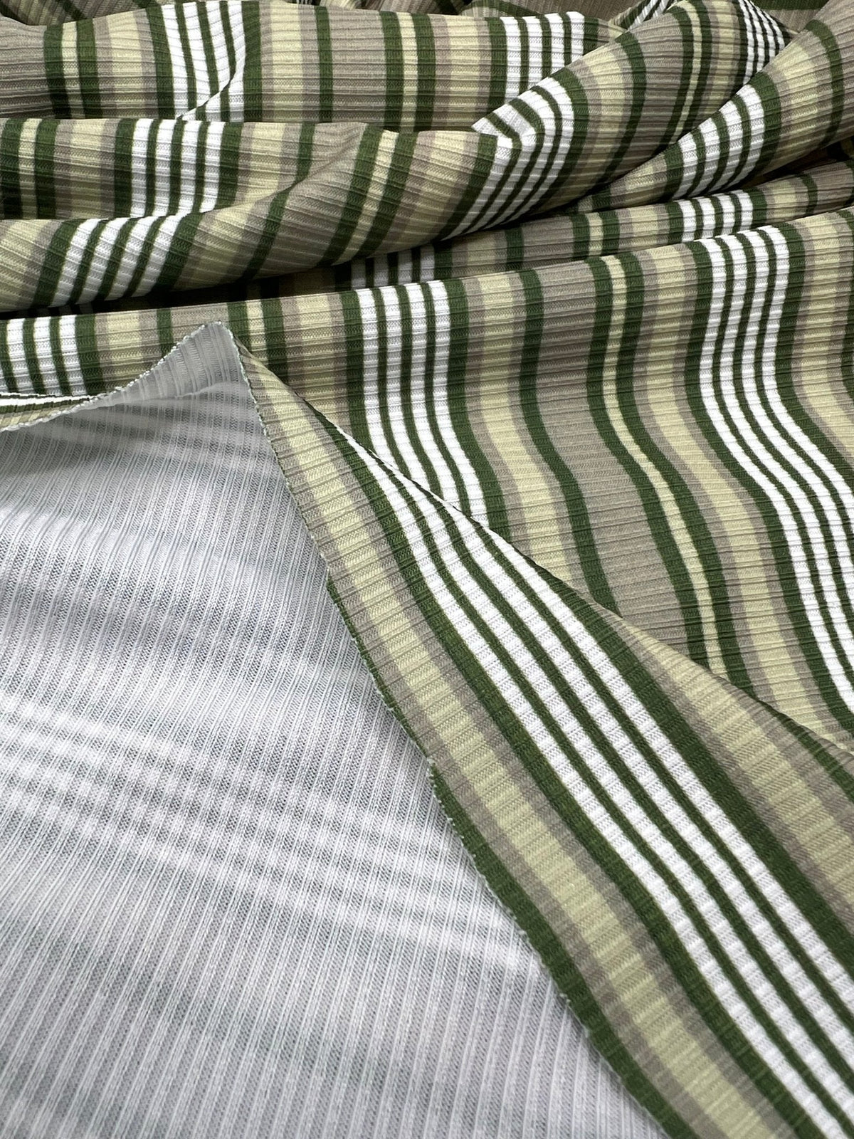 Green Stripe Print 2X1 Fine Rib Stretch Fabric