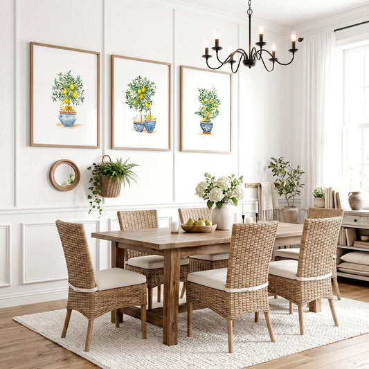 Green Wall Prints French Country Lemon Tree Watercolour Art | Set of 3