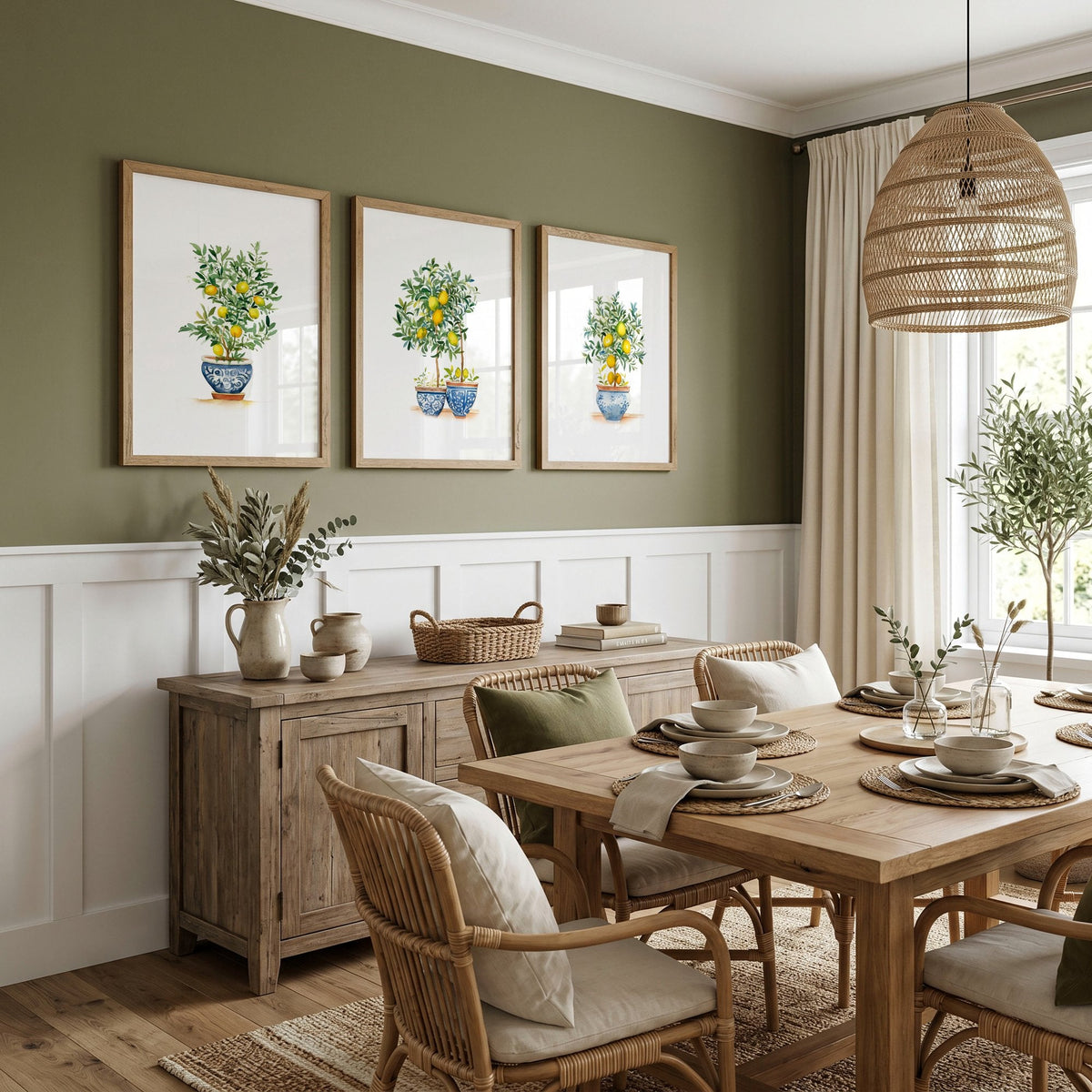 Green Wall Prints French Country Lemon Tree Watercolour Art | Set of 3