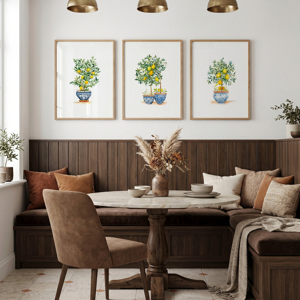 Green Wall Prints French Country Lemon Tree Watercolour Art | Set of 3
