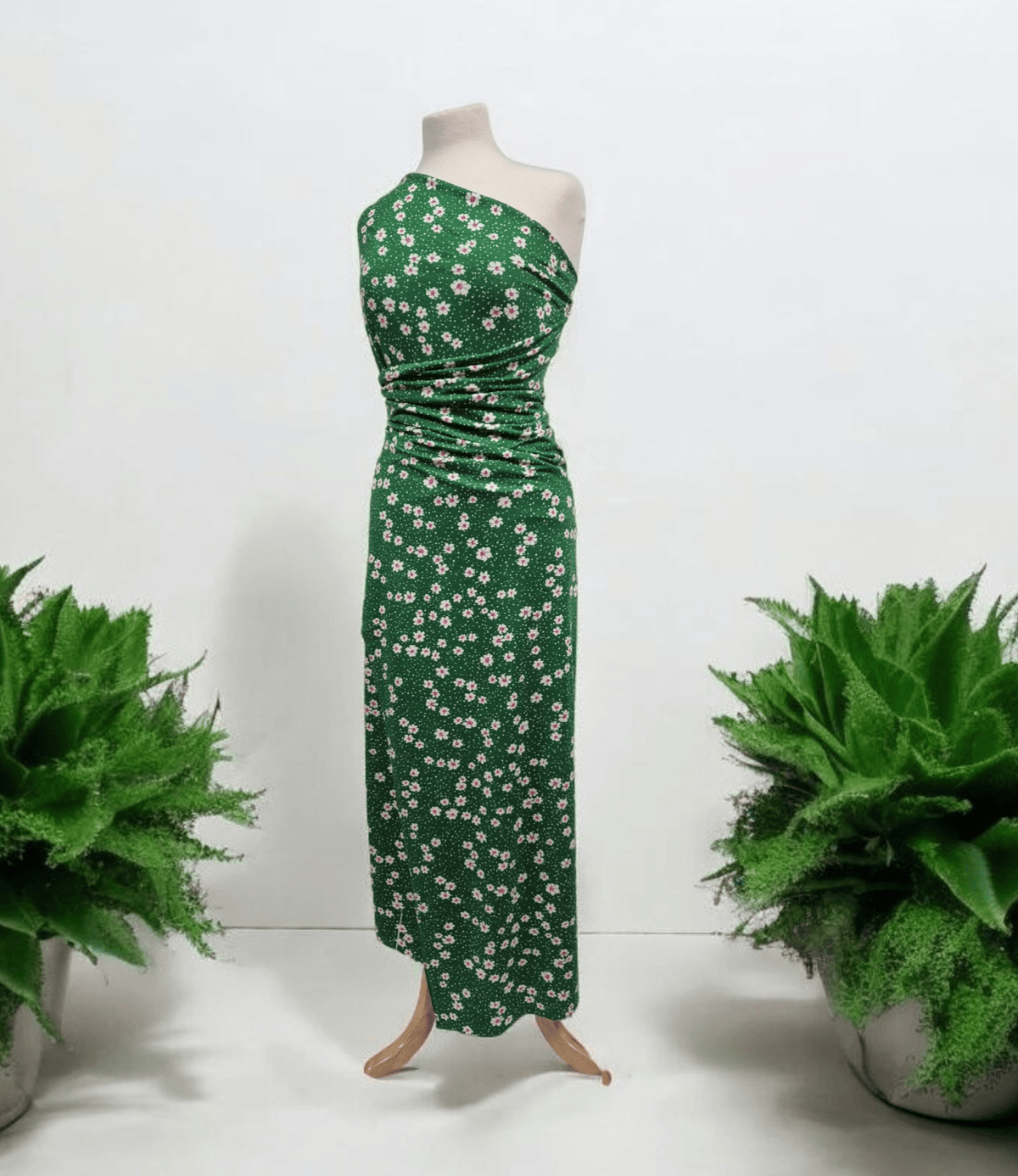 Green White Floral Spot Print Viscose Elastane 4 Way Stretch Fabric