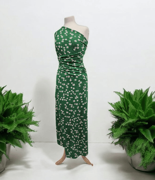 Green White Floral Spot Print Viscose Elastane 4 Way Stretch Fabric