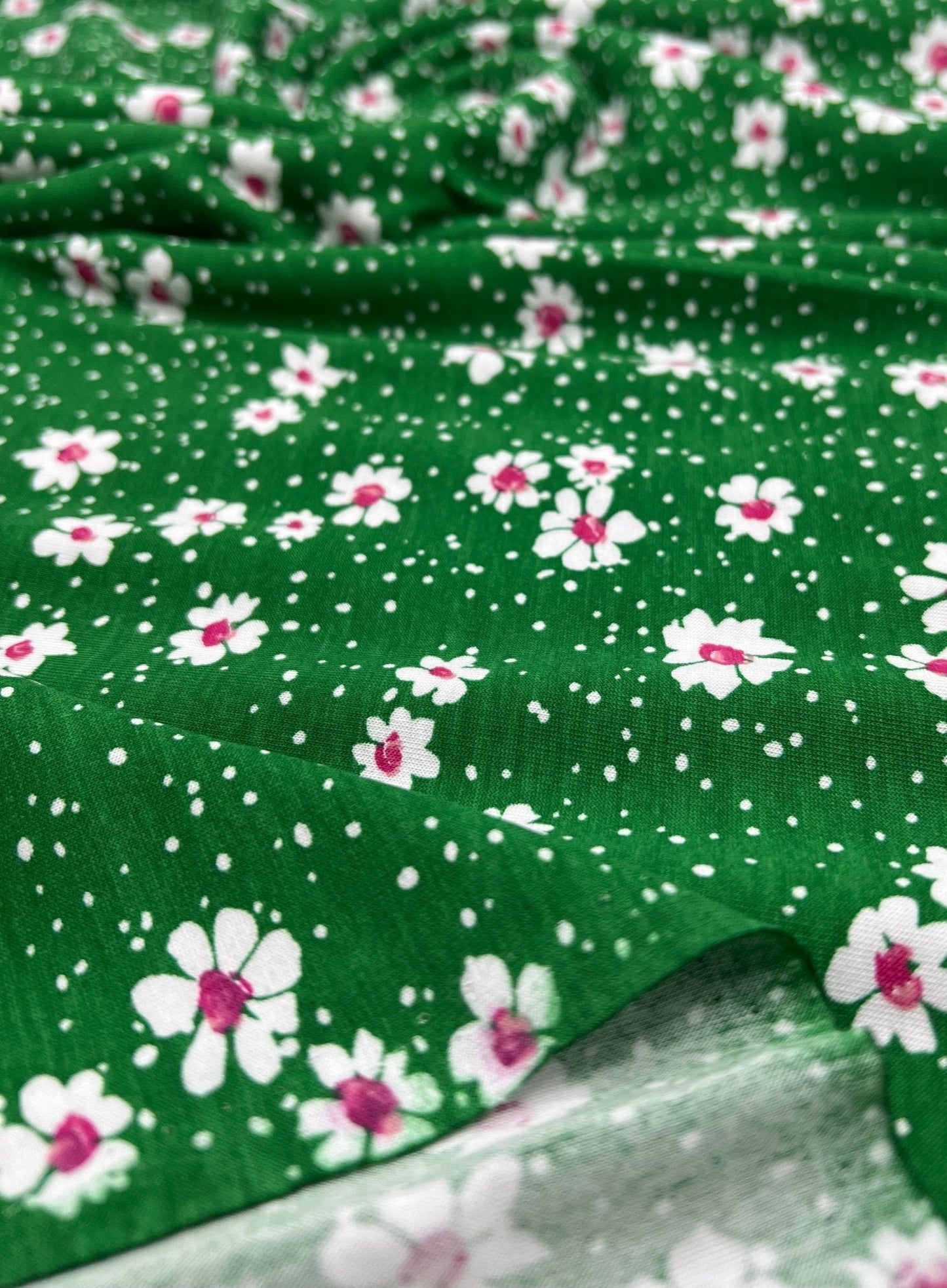 Green White Floral Spot Print Viscose Elastane 4 Way Stretch Fabric