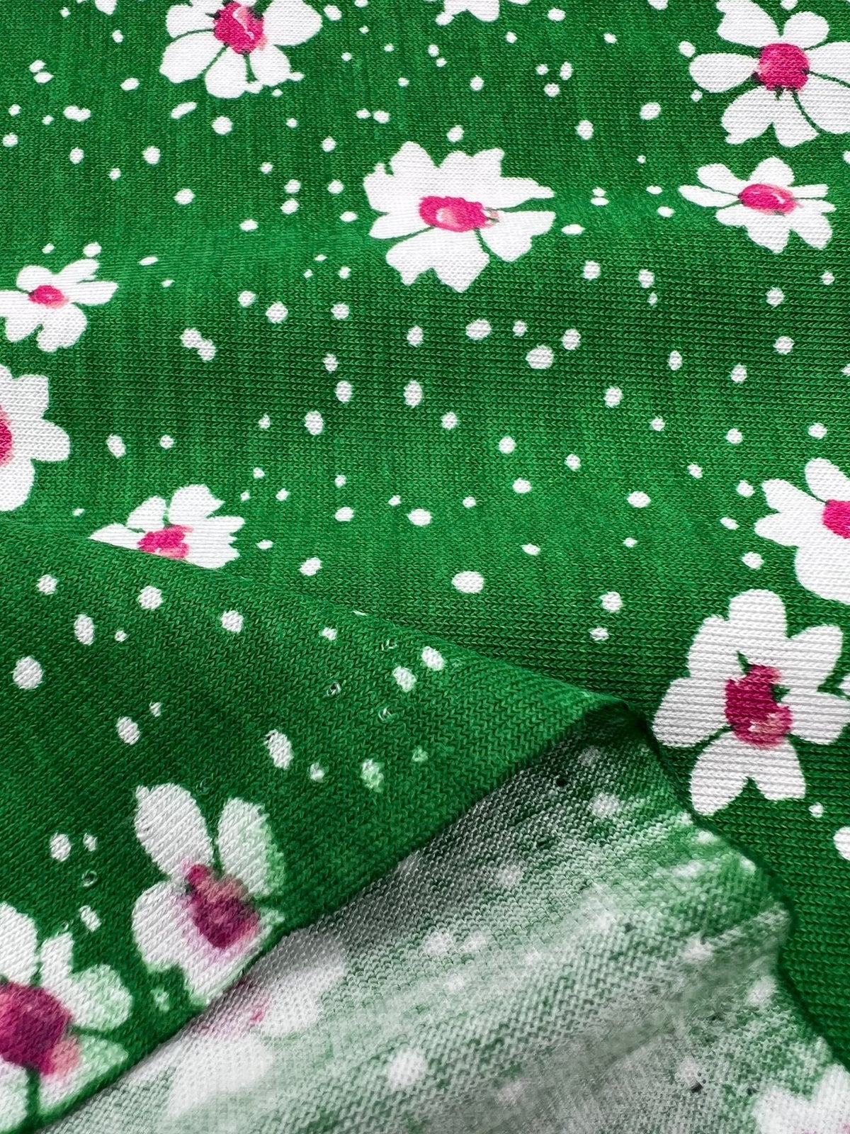 Green White Floral Spot Print Viscose Elastane 4 Way Stretch Fabric