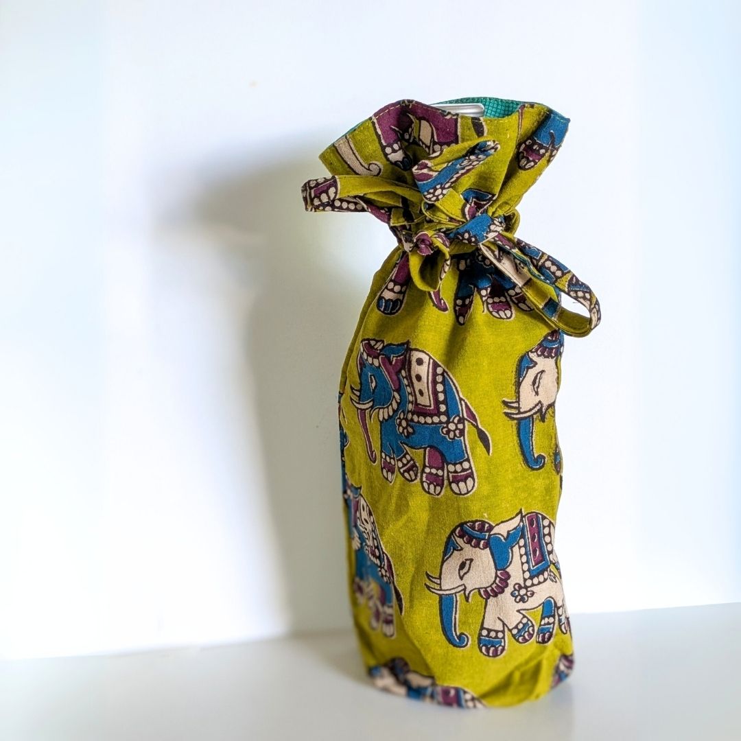 Eco Friendly Bottle Bags, Reusable Kalamkari Cotton Bottle Gift Bags, Ethically Handmade in India