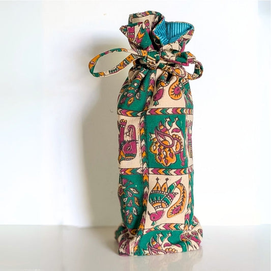 Eco Friendly Bottle Bags, Reusable Kalamkari Cotton Bottle Gift Bags, Ethically Handmade in India