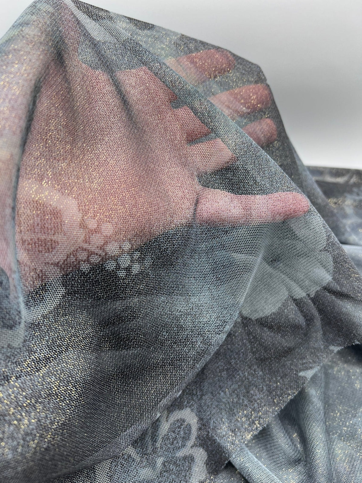 Grey Black Gold Glitter Mesh Fabric Stretch